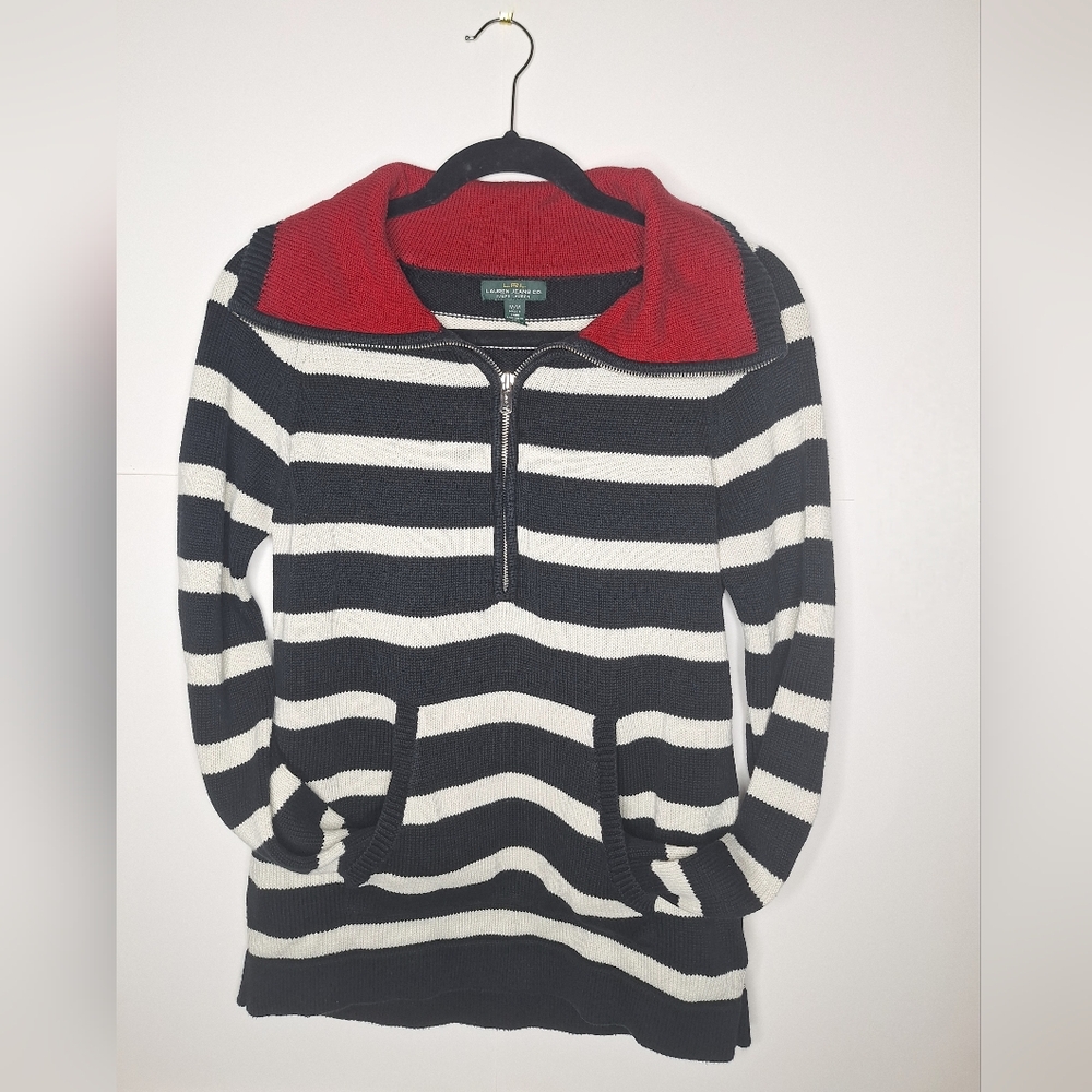 Vtg. Ralph Lauren Jeans Co."The Knitted Ralph In Stripes" Quarter Zip Sweater.